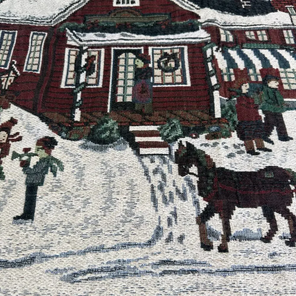 Vintage Christmas Woven Throw Blanket Winter Village Tapestry Fringe 47x53